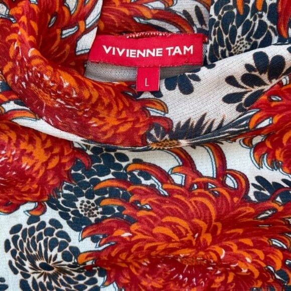 Vivienne Tam Chrysanthemum Top Faux Turtleneck Cream Red Floral Nylon Shirt Sz 6 - Picture 6 of 12
